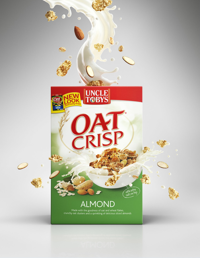 High-end Food CGI packaging render featuring photorealistic muesli ingredients falling into a milk liquid splash