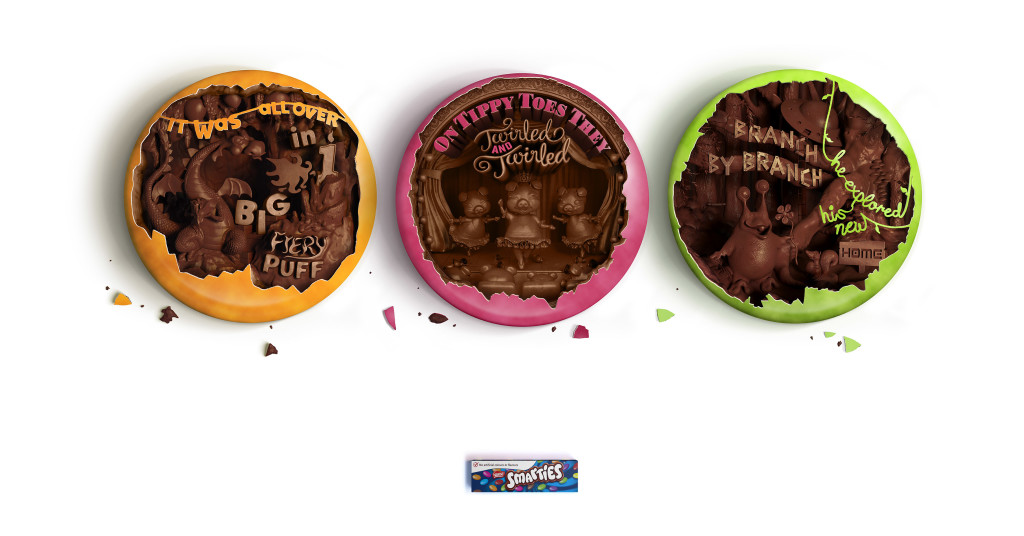 Award-winning high-end CGI advertising campaign render featuring a series of detailed micro scenes carved into Smarties candies