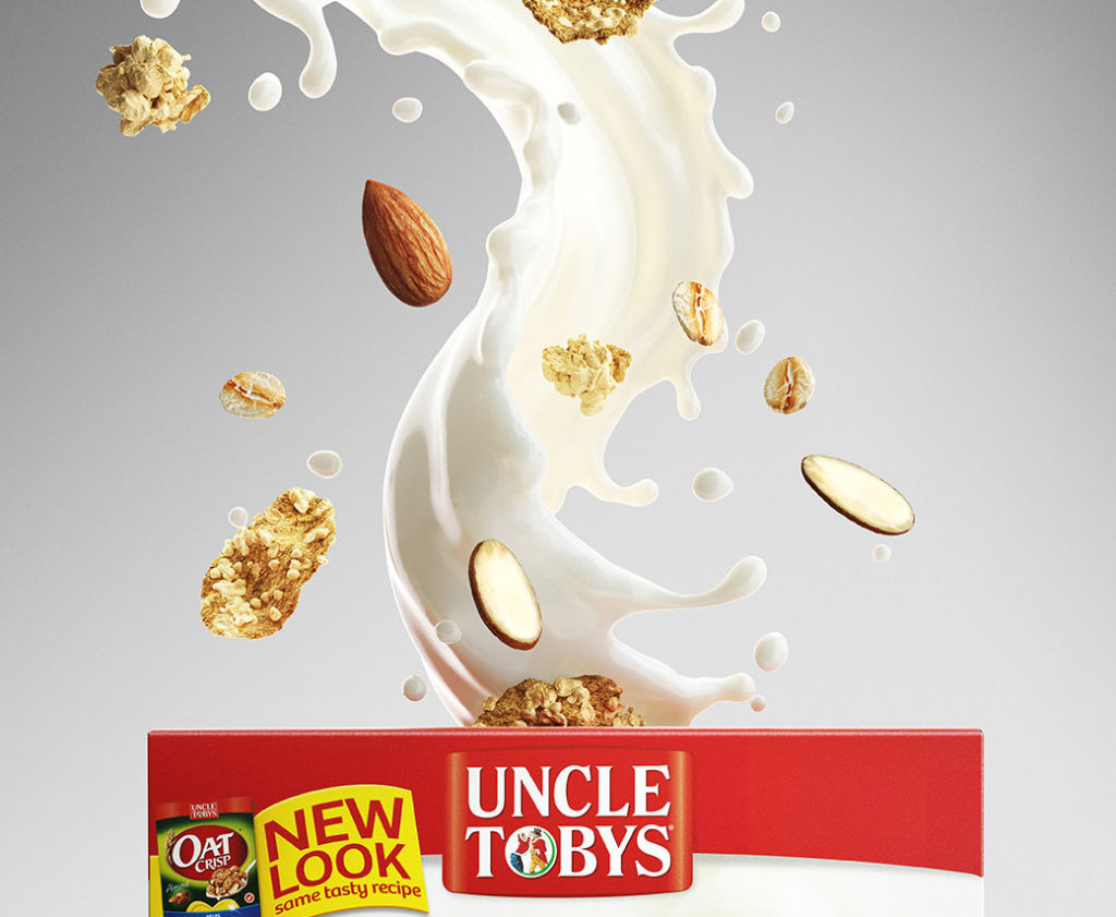 High-end CGI food visualization closeup showcasing detailed milk splash texturing and studio lighting