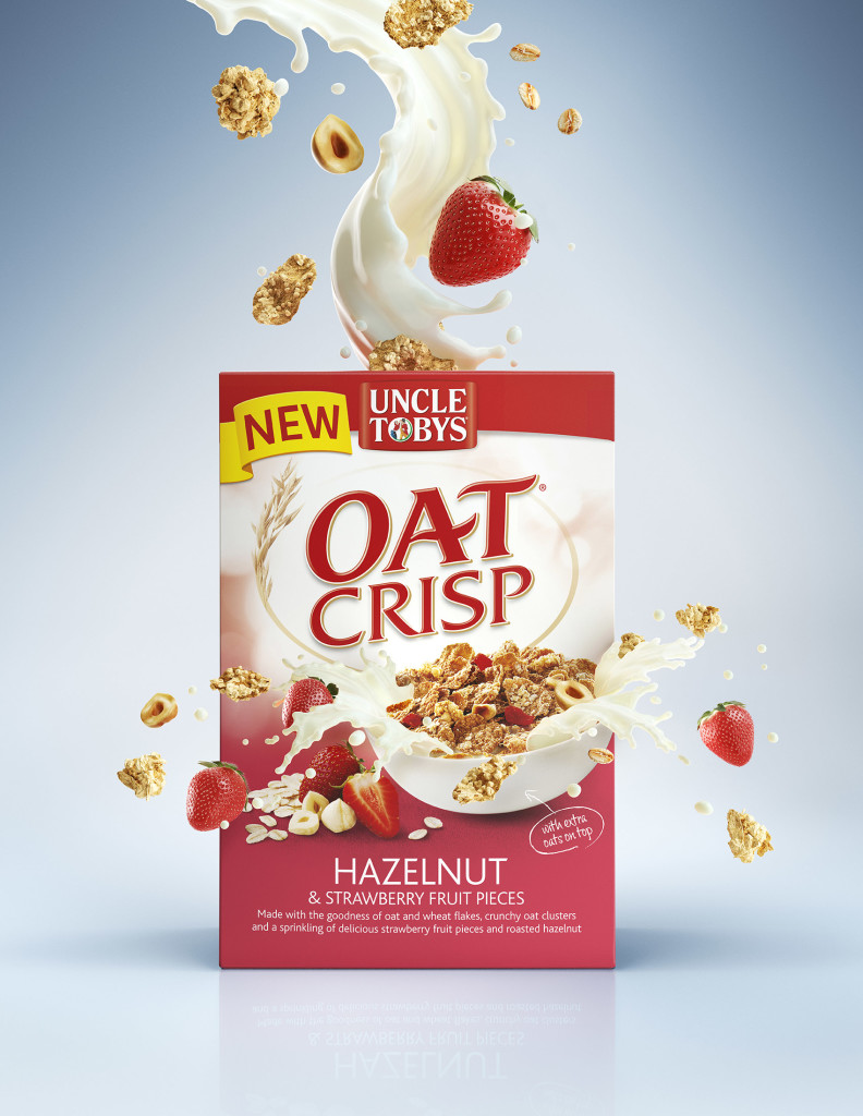 High-end Food CGI packaging render featuring photorealistic muesli ingredients falling into a milk liquid splash