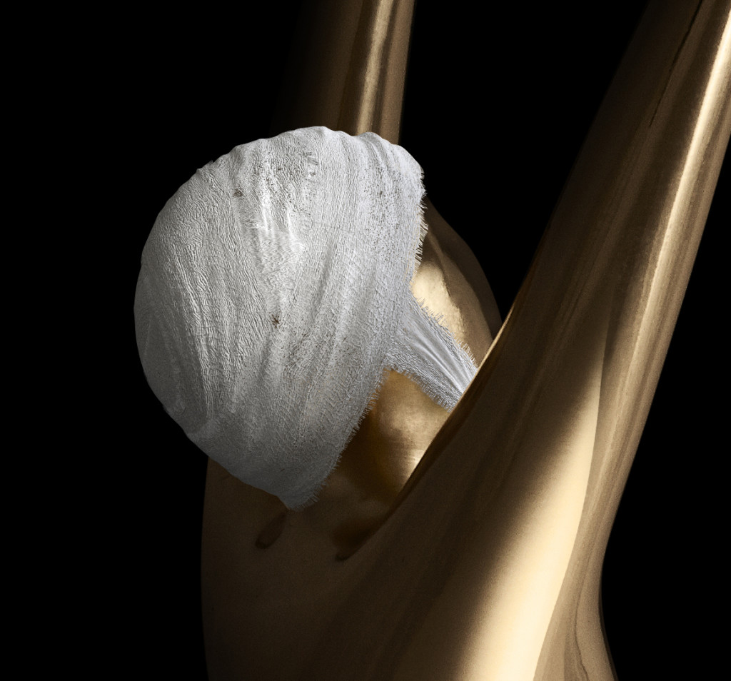 High-end CGI healthcare advertising render featuring an award statue wearing a 3D medical head wrap