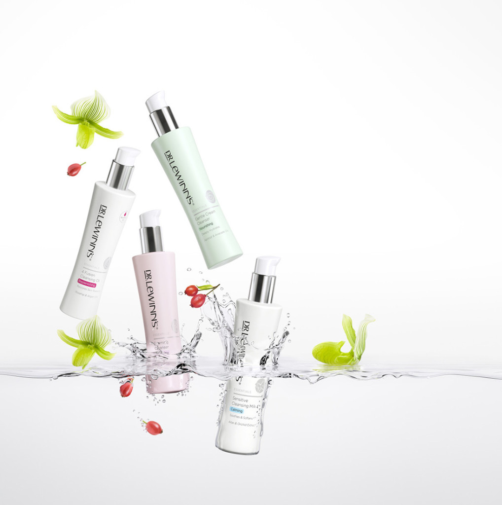 High-end Dr. Lewinn's CGI cosmetic bottle advertising render featuring dynamic liquid interaction and studio lighting