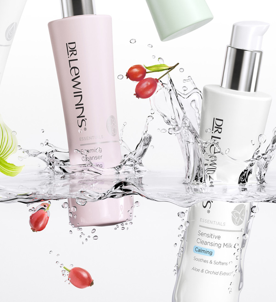 High-end CGI product render closeup showcasing photorealistic cosmetic bottles and liquid interaction
