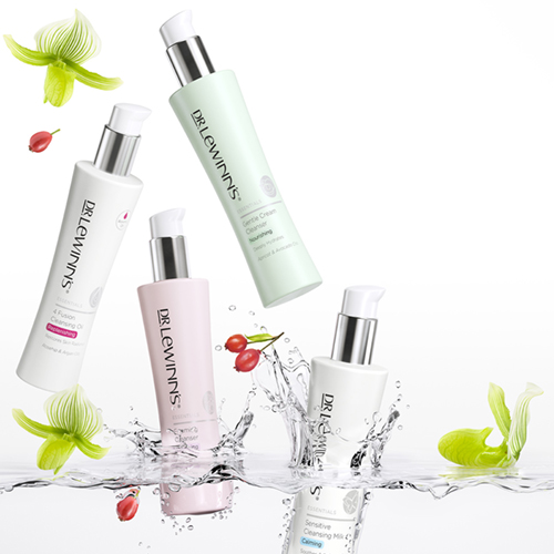 High-end Dr. Lewinn's CGI cosmetic bottle advertising render featuring dynamic liquid interaction and studio lighting