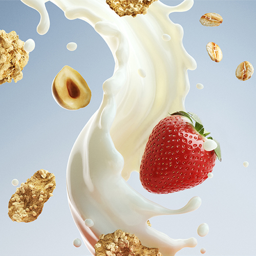 High-end Food CGI packaging render featuring photorealistic muesli ingredients falling into a milk liquid splash