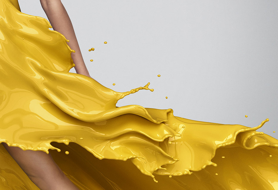 High-end CGI Valspar advertising render featuring a woman in a liquid paint dress closeup