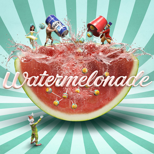 Award-winning high-end CGI Kirks Lemonade advertising render featuring a watermelon filled with sculpted liquid and chupa chups
