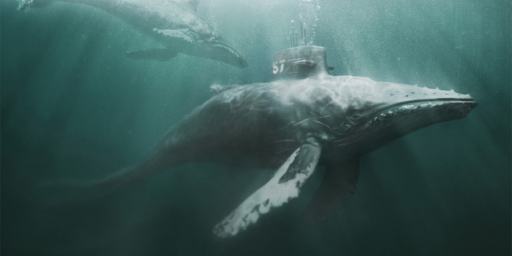 High-poly 3D organic submarine whale creature concept render with realistic underwater lighting