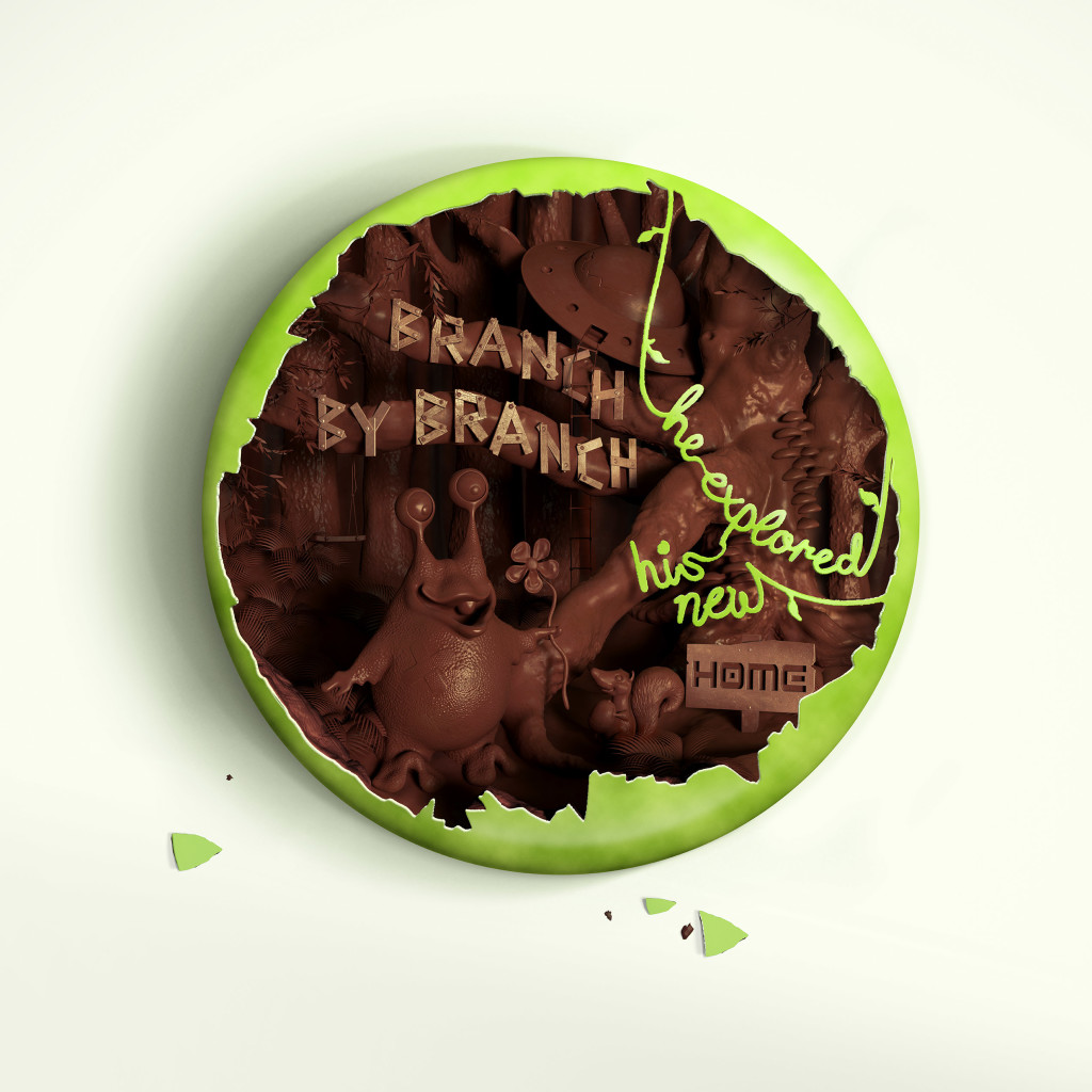 High-end CGI macro render of a custom 3D scene with an allien sculpted into a green Smartie candy