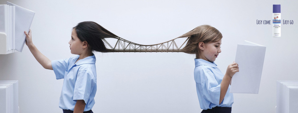 Award winning CGI Banlice print advertising campaign render featuring a stylized hair bridge