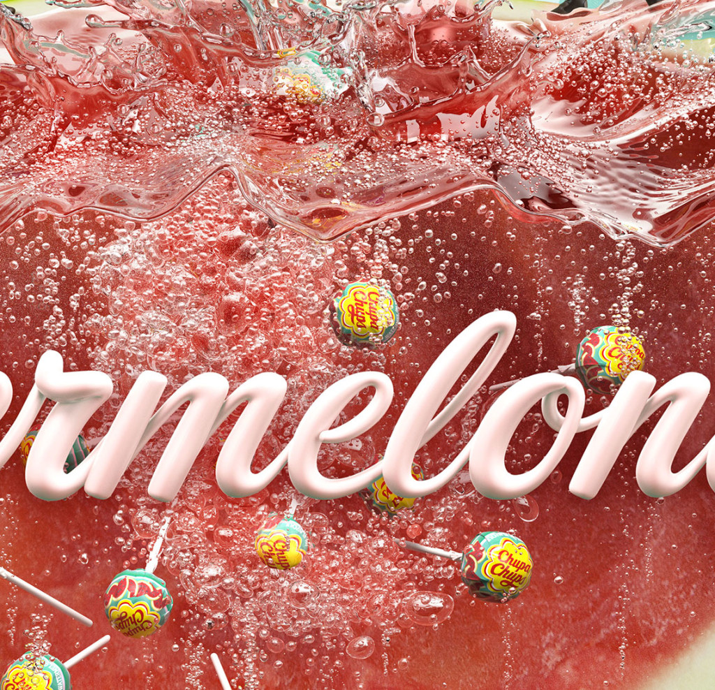 Award-winning high-end CGI Kirks Lemonade advertising render featuring a watermelon filled with sculpted liquid and chupa chups closeup