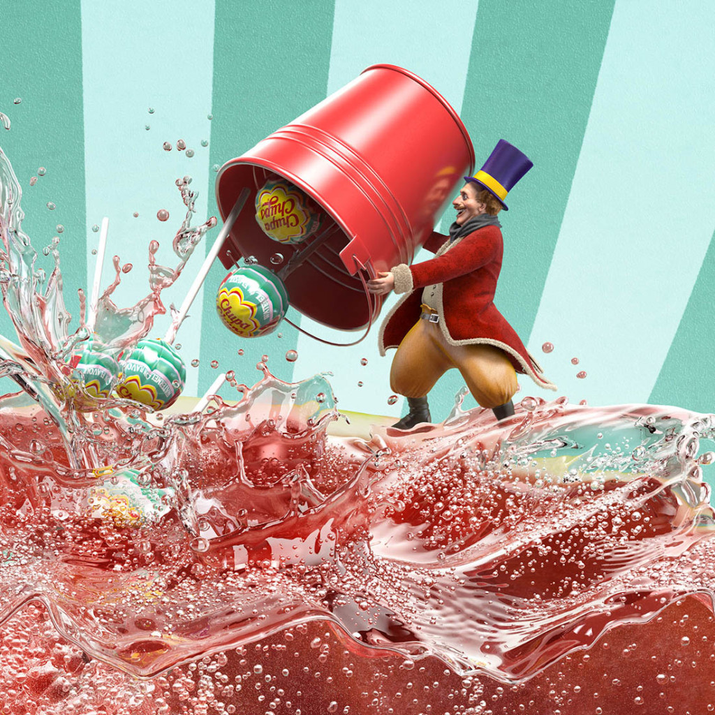 Award-winning high-end CGI Kirks Lemonade advertising render featuring a watermelon filled with sculpted liquid and chupa chups closeup
