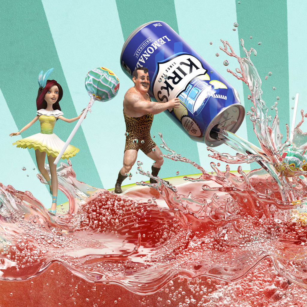 Award-winning high-end CGI Kirks Lemonade advertising render featuring a watermelon filled with sculpted liquid and chupa chups closeup