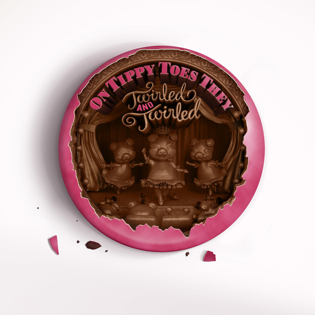 High-end CGI macro render of a custom 3D scene with dancing pigs sculpted into a pink Smartie candy