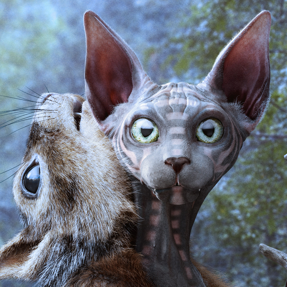 Award-winning 3D Sphynx cat shaman concept wearing a squirrel pelt in a fantasy forest for THU