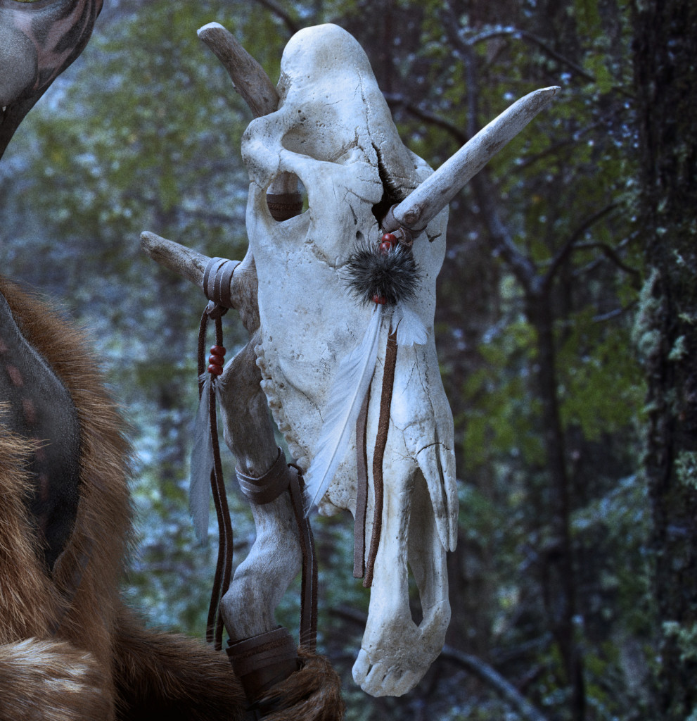 Skull crop Award-winning 3D Sphynx cat shaman concept wearing a squirrel pelt in a fantasy forest closeup