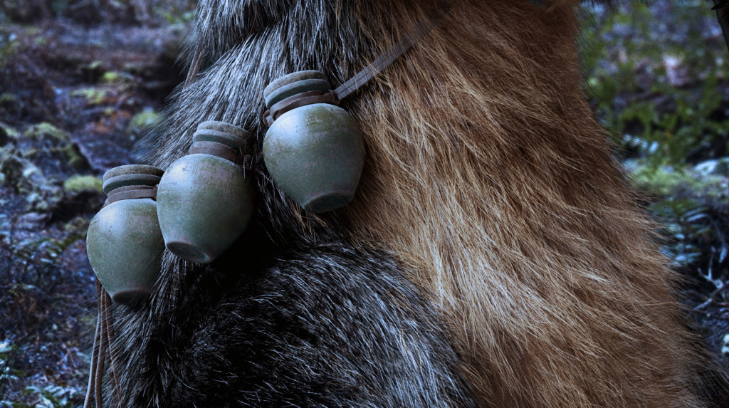pots crop Award-winning 3D Sphynx cat shaman concept wearing a squirrel pelt in a fantasy forest closeup