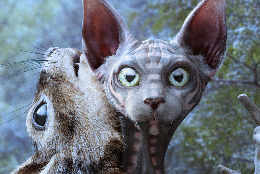 scat Award-winning 3D Sphynx cat shaman concept wearing a squirrel pelt in a fantasy forest closeup