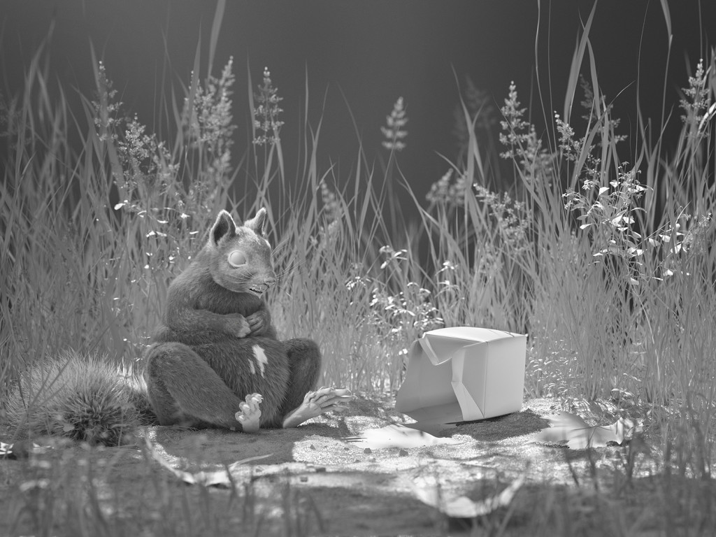 Photorealistic 3D squirrel render showcasing 3D fur grooming and lighting in outdoor environment grey render