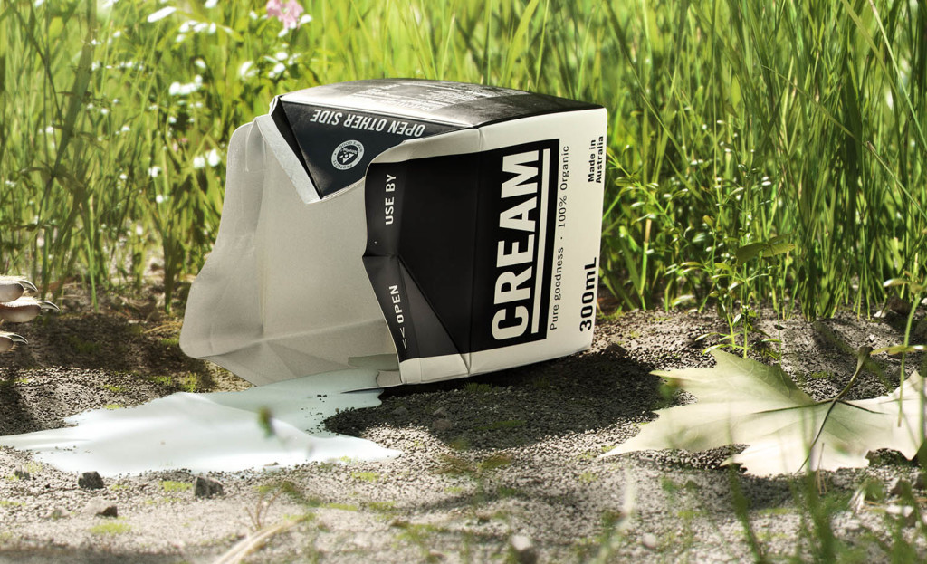 Photorealistic 3D squirrel render in outdoor environment with cream carton closeup