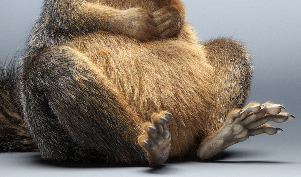 Photorealistic 3D squirrel render showcasing 3D fur grooming and lighting closeup