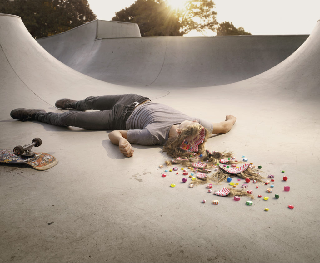 High-end CGI Skull Candy concept featuring surreal skateboarder character with detailed candy asset execution