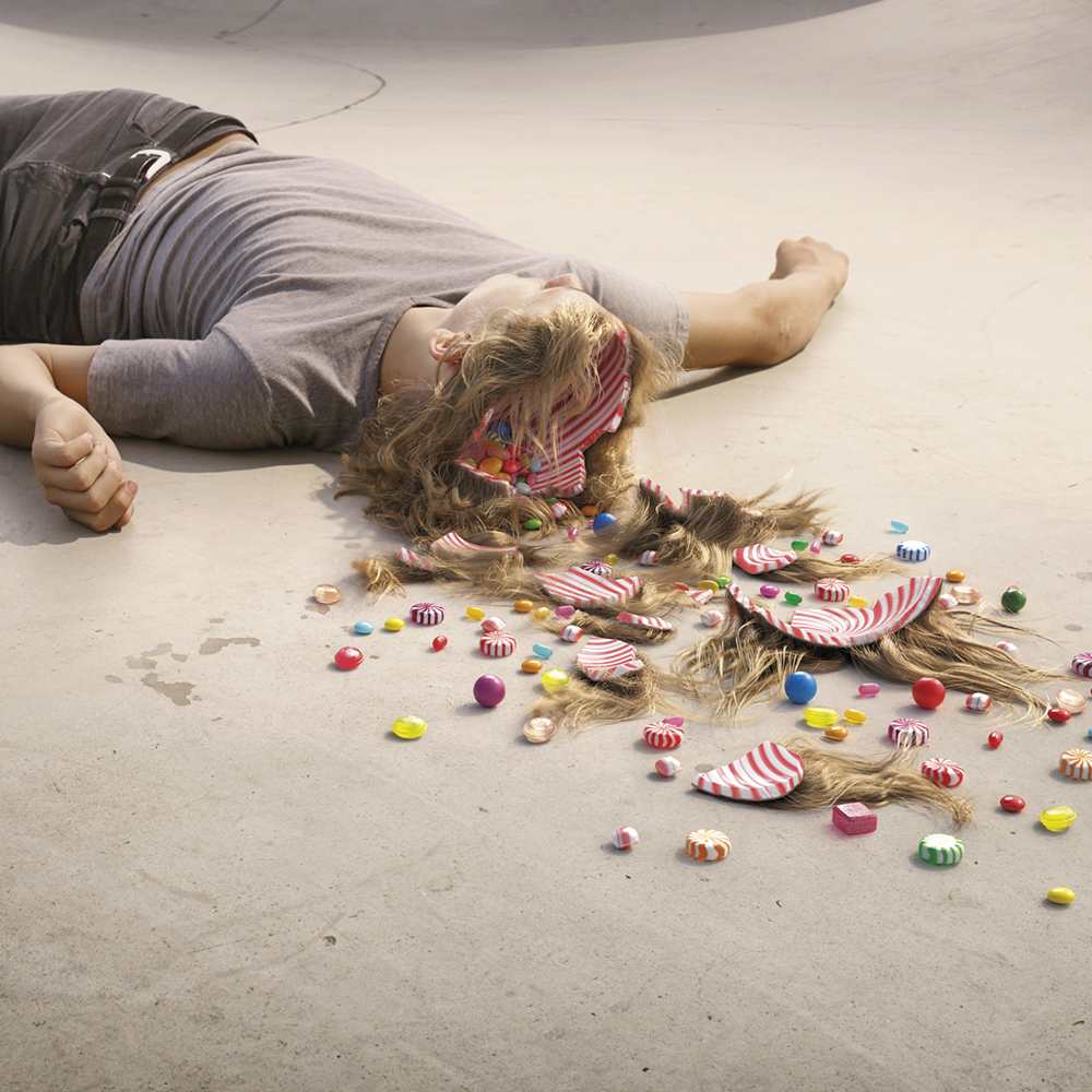 High-end CGI Skull Candy concept featuring surreal skateboarder character with detailed candy asset execution
