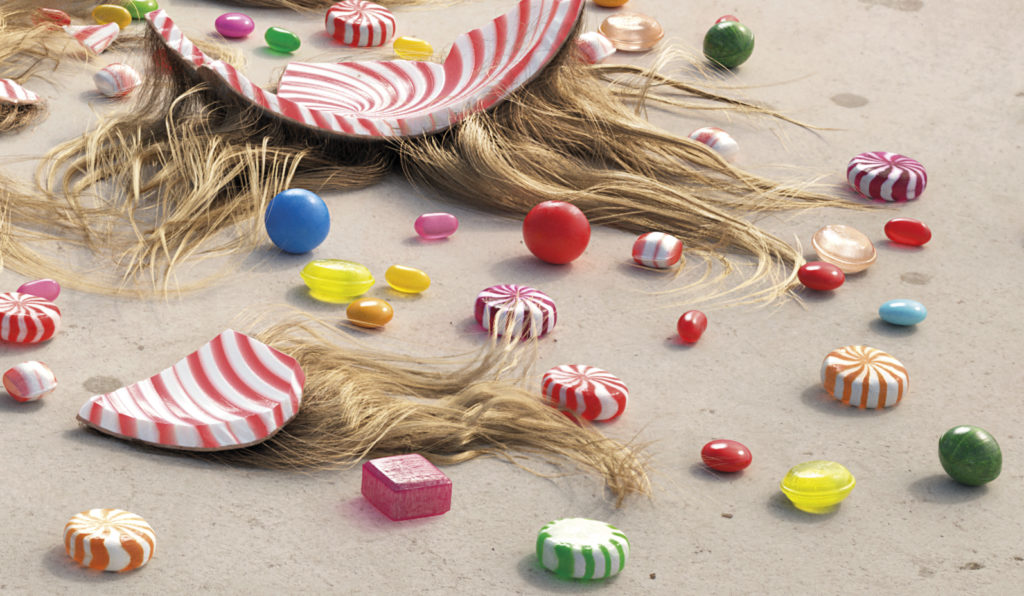 High-end CGI Skull Candy concept featuring surreal skateboarder character with detailed candy asset execution closeup