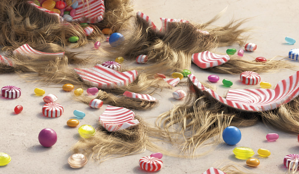 High-end CGI Skull Candy concept featuring surreal skateboarder character with detailed candy asset execution closeup
