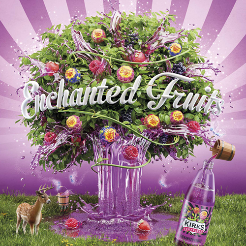 High-end CGI Kirks Lemonade advertising render featuring a sculpted liquid tree with chupa chups, fruit and deer