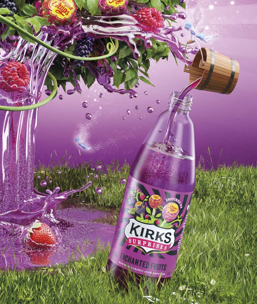 High-end CGI Kirks Lemonade advertising render featuring a sculpted liquid tree with chupa chups, fruit closeup