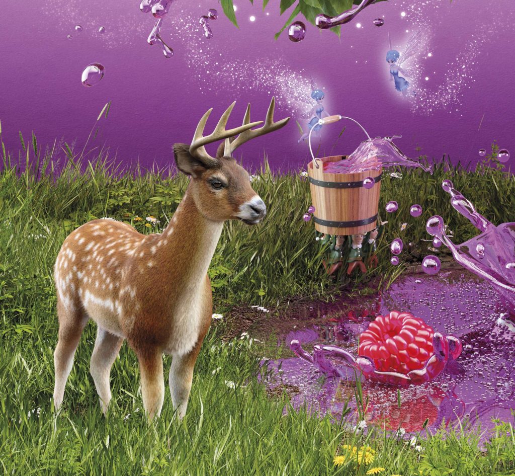 High-end CGI Kirks Lemonade advertising render featuring a sculpted liquid tree with chupa chups, fruit and deer closeup