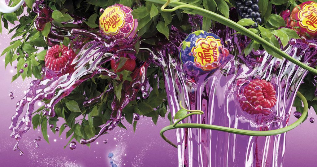 High-end CGI Kirks Lemonade advertising render featuring a sculpted liquid tree with chupa chups, fruit closeup