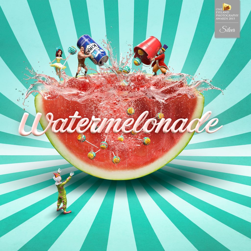 Award-winning high-end CGI Kirks Lemonade advertising render featuring a watermelon filled with sculpted liquid and chupa chups