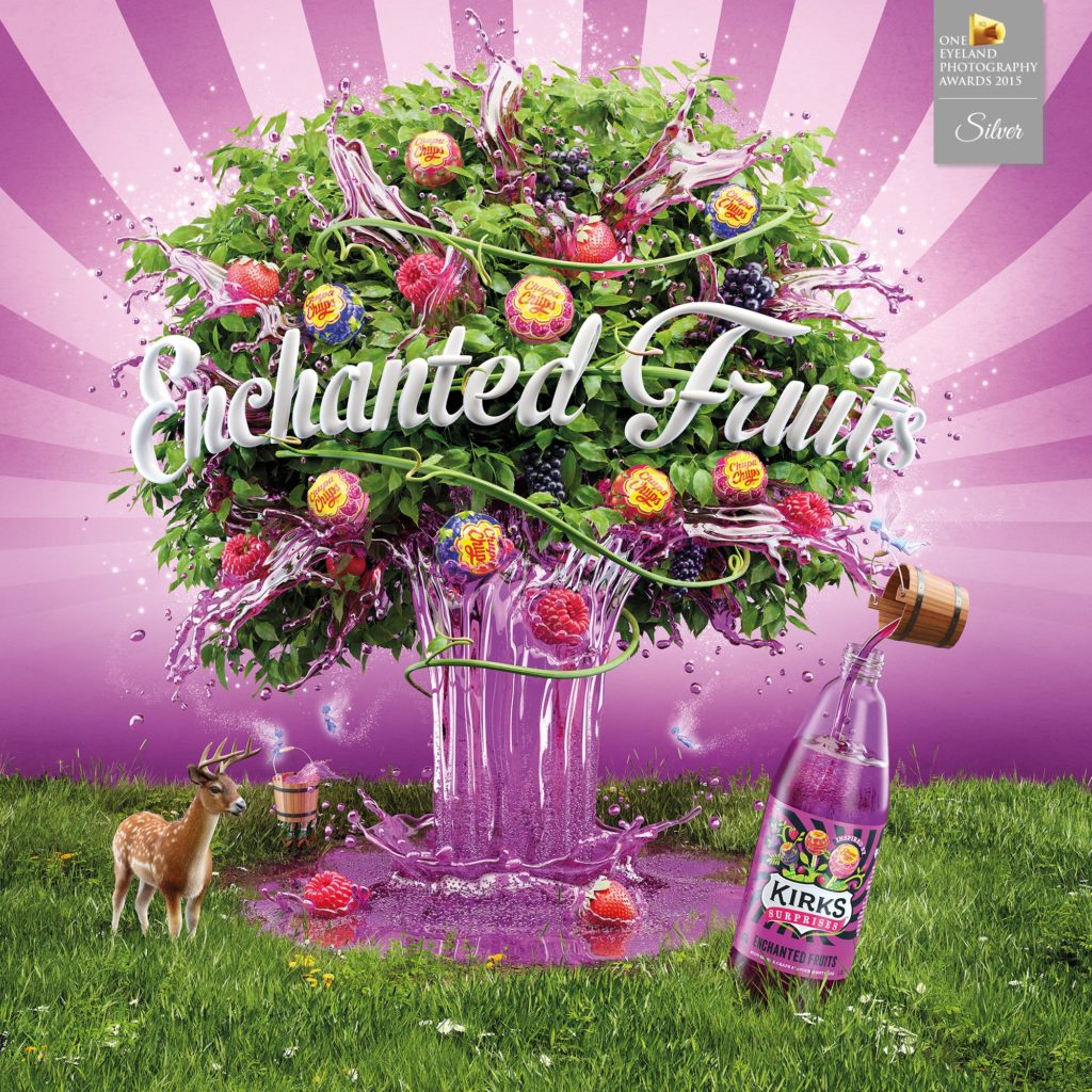 Award-winning high-end CGI Kirks Lemonade advertising render featuring a sculpted liquid tree with chupa chups, fruit and deer