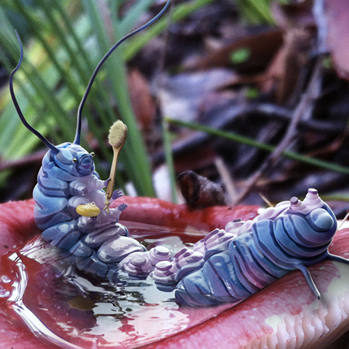 Award-winning high-end CGI render of a caterpillar character bathing in a mushroom