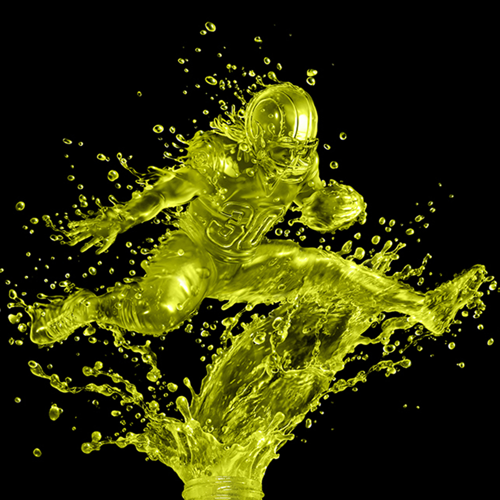 High-end CGI Gatorade bottle render with dynamic liquid splash in the shape of an athlete