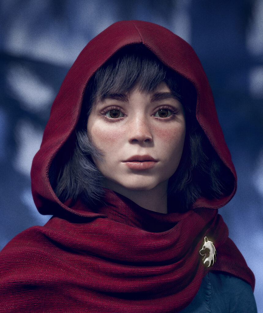 High-poly 3D Red Riding Hood character concept closeup