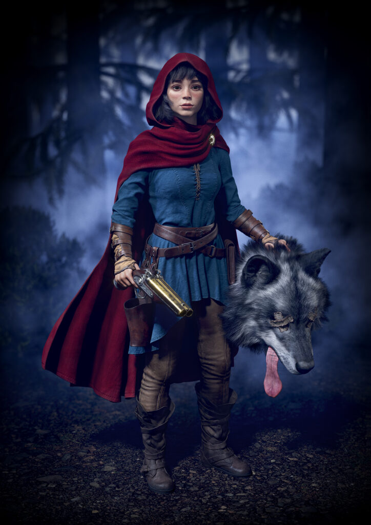 High-poly 3D Red Riding Hood character concept with wolf head and weapon