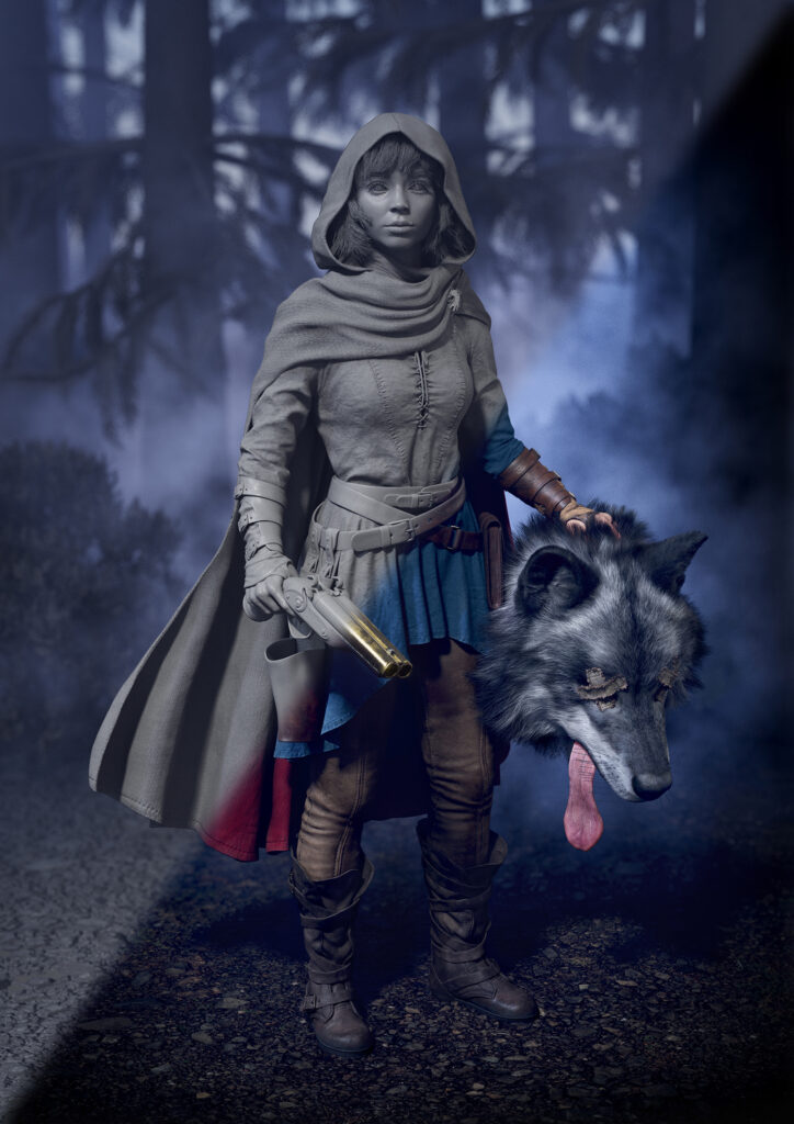 High-poly 3D Red Riding Hood character concept grey render