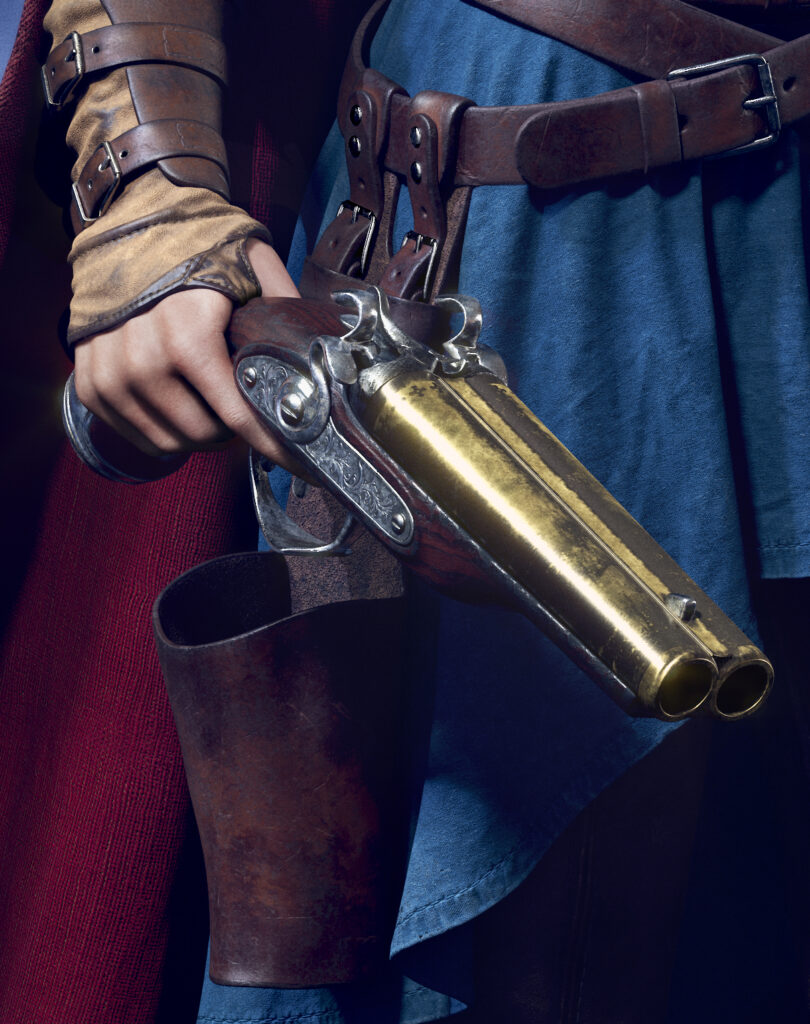 High-poly 3D Red Riding Hood character concept weapon closeup