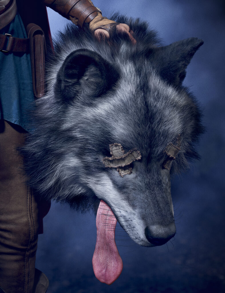 High-poly 3D Red Riding Hood character concept wolf closeup