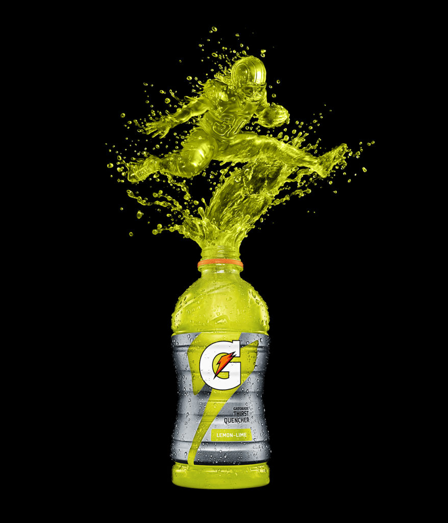 High-end CGI Gatorade bottle render with dynamic liquid splash in the shape of an athlete