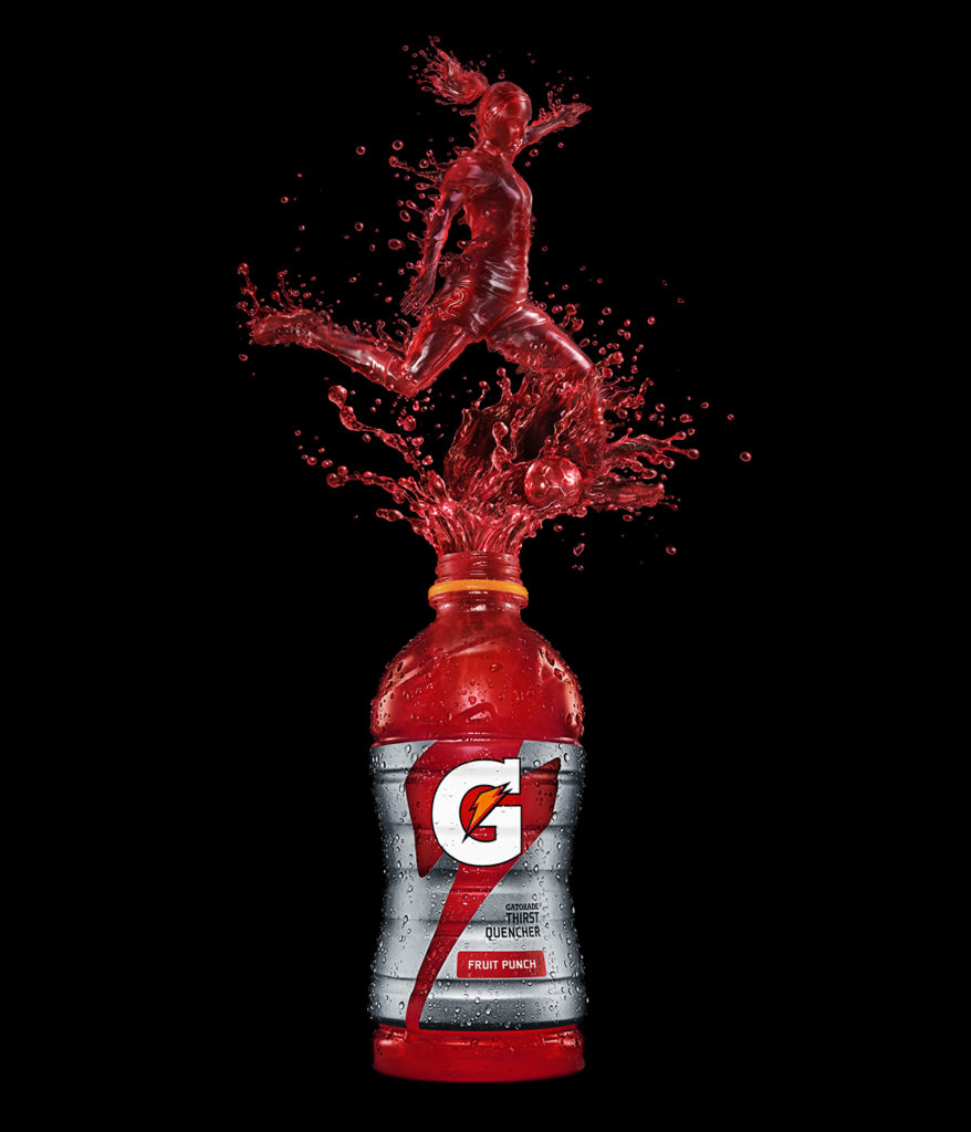 High-end CGI Gatorade bottle render with dynamic liquid splash in the shape of an athlete