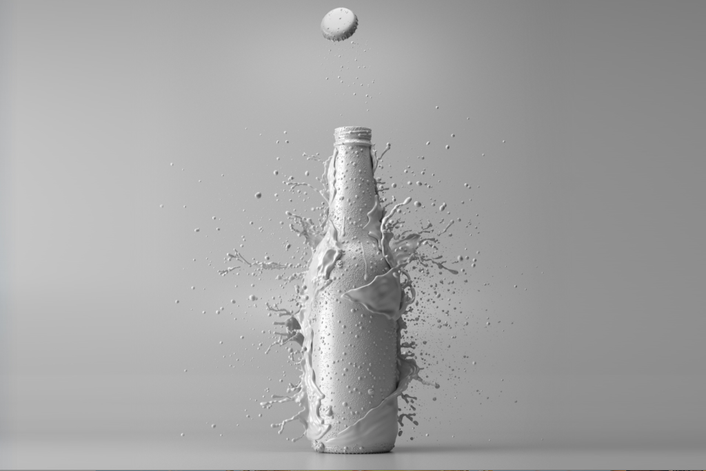 High-end CGI Coopers bottle render with dynamic liquid splash grey render