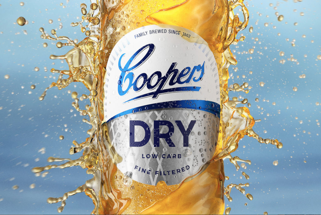 High-end CGI Coopers bottle render with dynamic liquid splash closeup