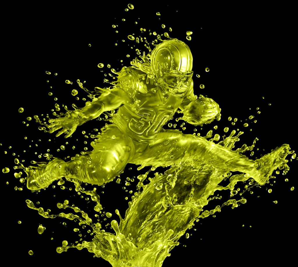 High-end CGI Gatorade liquid render with dynamic liquid splash in the shape of an athlete