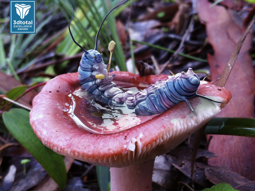 Award-winning high-end CGI render of a caterpillar character bathing in a mushroom