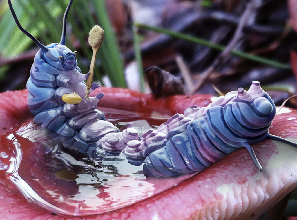 High-end CGI render of a caterpillar character bathing in a mushroom closeup
