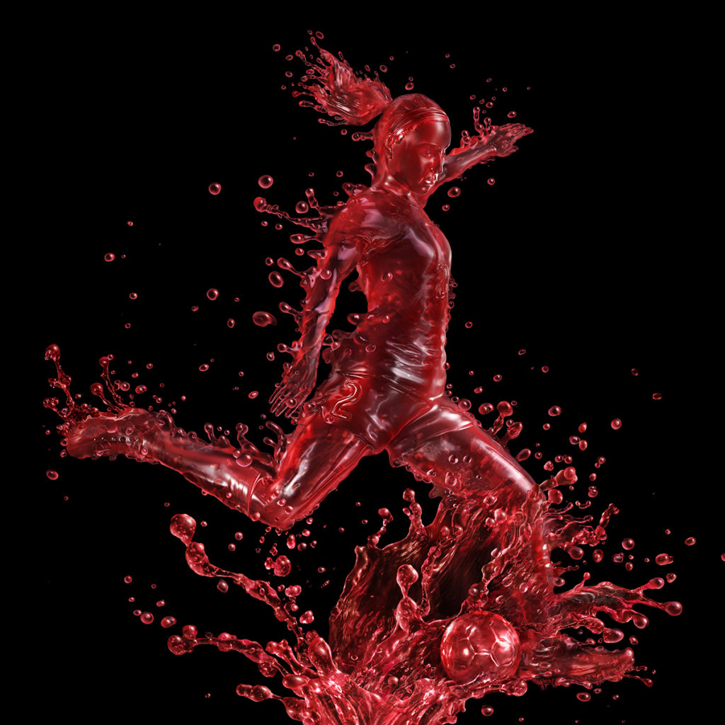 High-end CGI Gatorade liquid render with dynamic liquid splash in the shape of an athlete